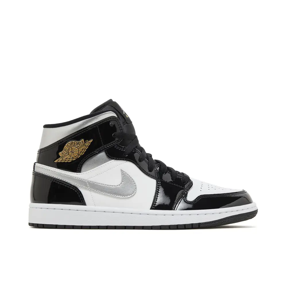 Air Jordan 1 Mid SE Patent Black White Metallic Silver Metallic Gold 