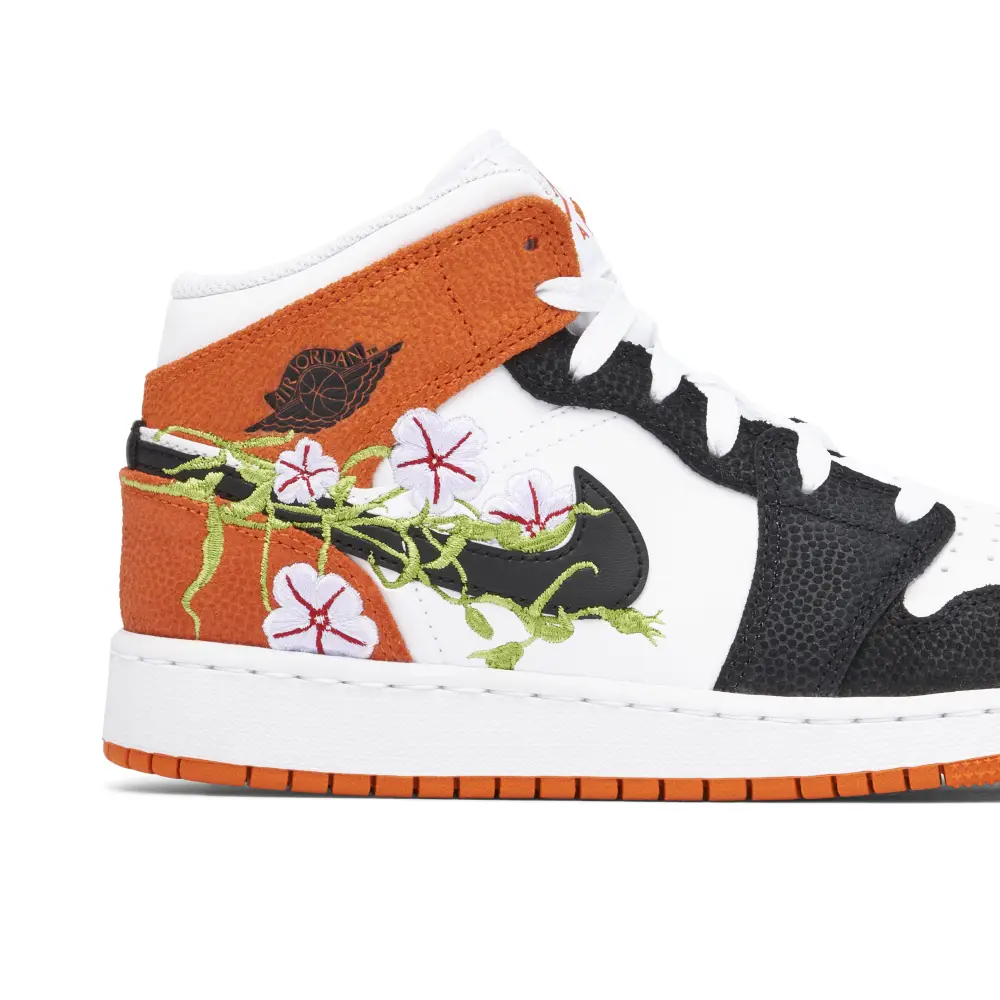 Air Jordan 1 Mid Floral Embroidery Black Orange GS