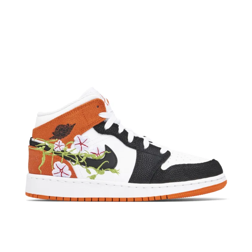 Air Jordan 1 Mid Floral Embroidery Black Orange GS