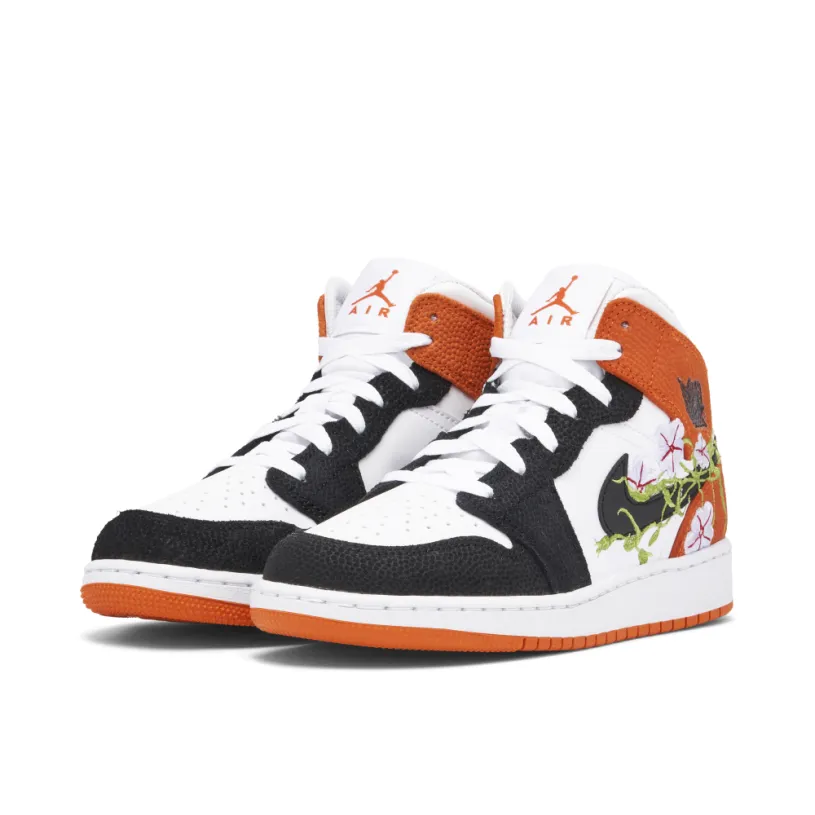 Air Jordan 1 Mid Floral Embroidery Black Orange GS 