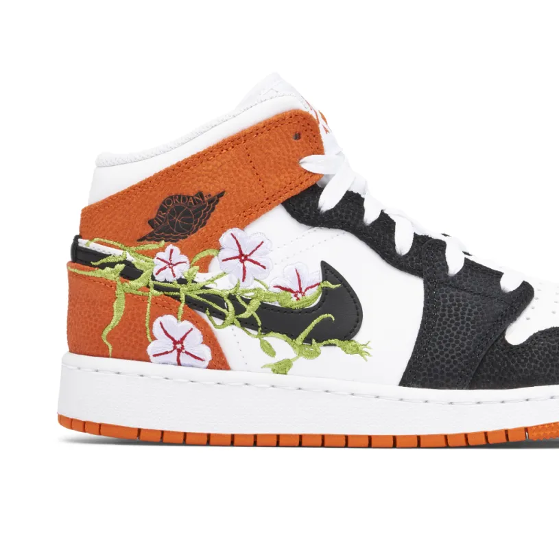 Air Jordan 1 Mid Floral Embroidery Black Orange GS 
