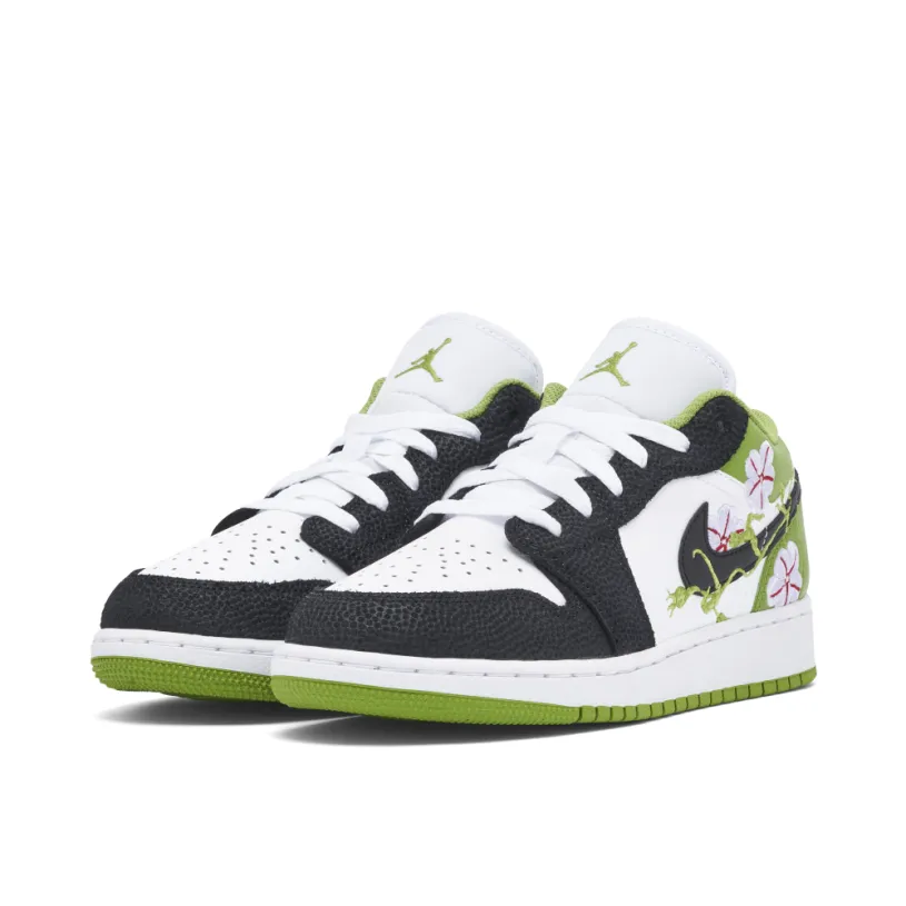 Air Jordan 1 Low Floral Embroidery Black Green GS 