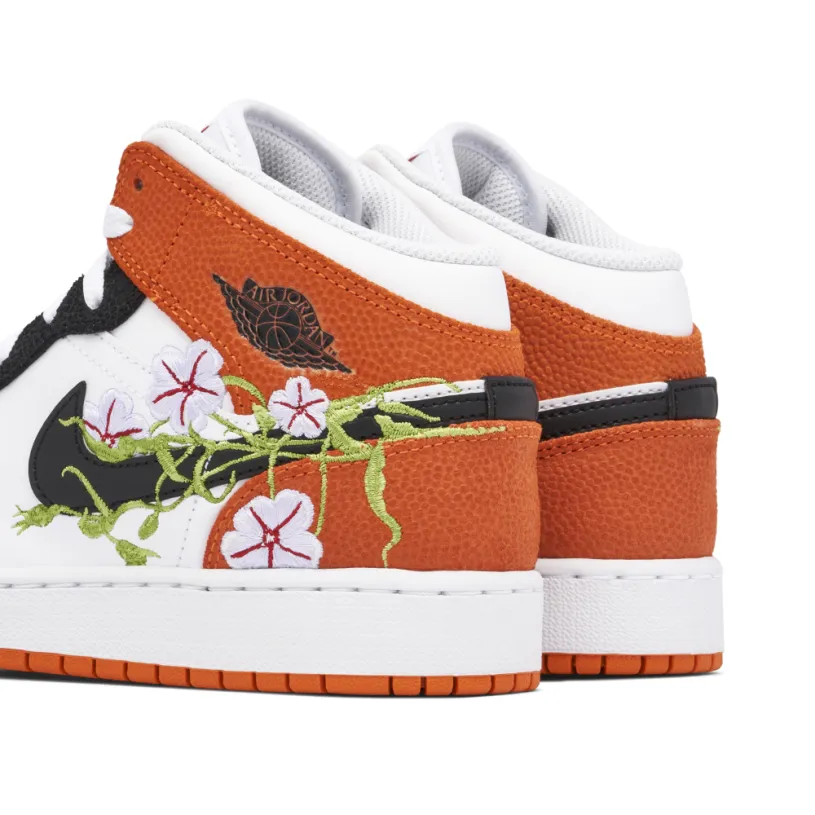 Air Jordan 1 Mid Floral Embroidery Black Orange GS 
